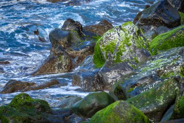 Tenerife, Canaria Adaları, İspanya 'da Puerto de la Cruz' daki Martianez Körfezi yakınlarındaki kayalıklardaki Atlantik kırıklarından gelen dalgalar taşlara çarpıyor.