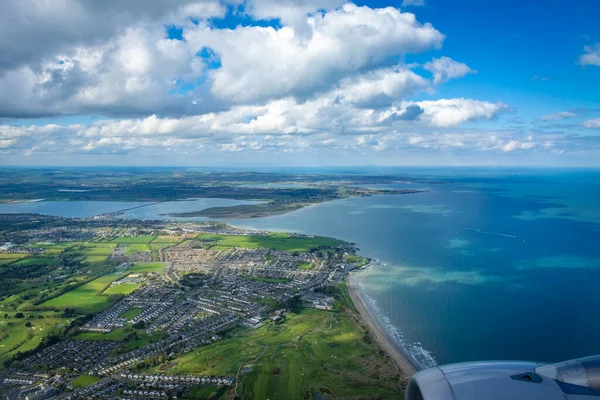 aerial view from the plane on Dublin city in Ireland
