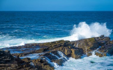 İrlanda 'da taştan kıyılarda okyanus dalgaları kırılıyor