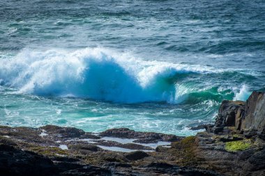 İrlanda 'da taştan kıyılarda okyanus dalgaları kırılıyor