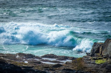 İrlanda 'da taştan kıyılarda okyanus dalgaları kırılıyor