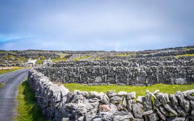 İrlanda 'da yol ve taş kalıntıları olan güzel bir manzara.