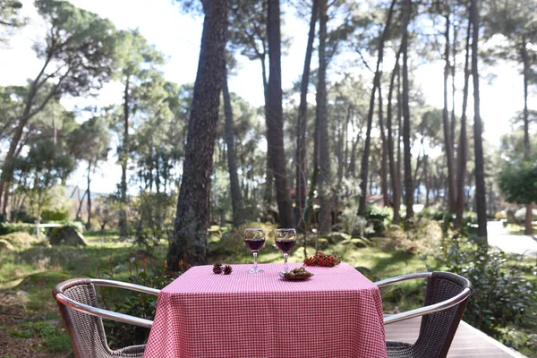 Rural tourism fund; table with two glasses of wine in the woods.