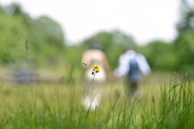 Arka planda sarı bir çiçek ve gelin bir çiftin olduğu alanda odaklanamamışlar..