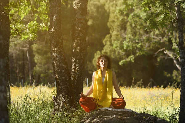 Ormanda bir taşın üzerinde meditasyon yapan.