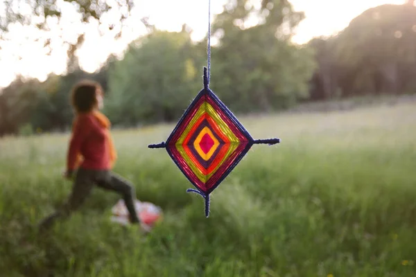 Yoga Background Wool Mandala Unfocused Woman Field — Stock Photo, Image