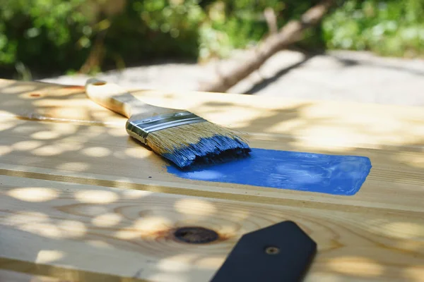 Tahtada mavi boya ile fırça, evde DIY konsepti.