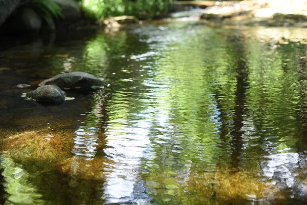 Kristalliner Pool Mit Steinen Und Spiegelungen Aus Dem Fokus — Stockfoto