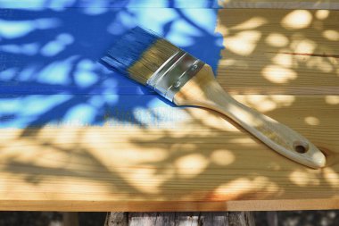 Çam ağacı tahtası ve mavi boyalı fırça.. 