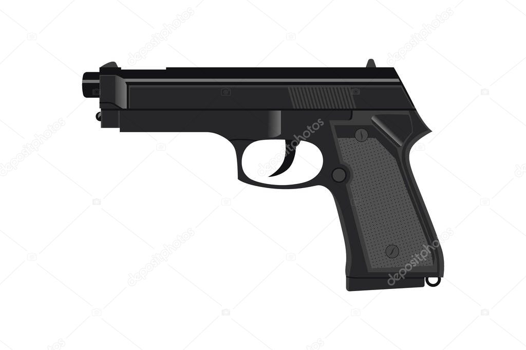 Black pistol vector illustration isolated on white background, icon, cartoon