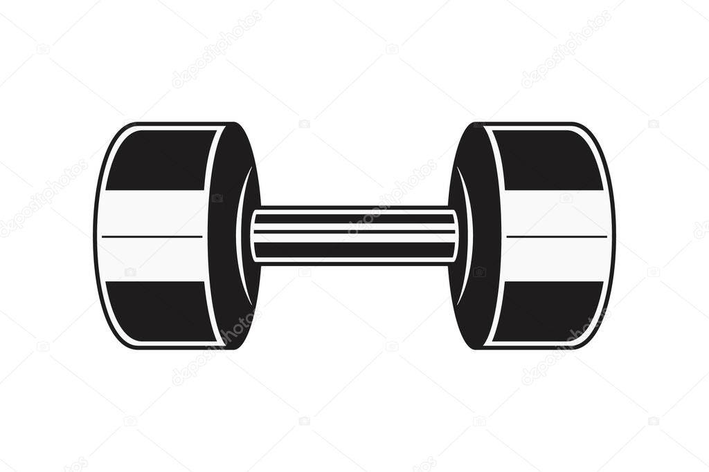 Black and white illustration of a barbell, icon logo, isolated on white backgound
