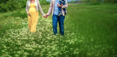 Küçük oğlu olan mutlu bir aile bebek bekliyor. Yeşil bir çayırda kır çiçekleriyle yürüyor, el ele tutuşuyorlar.