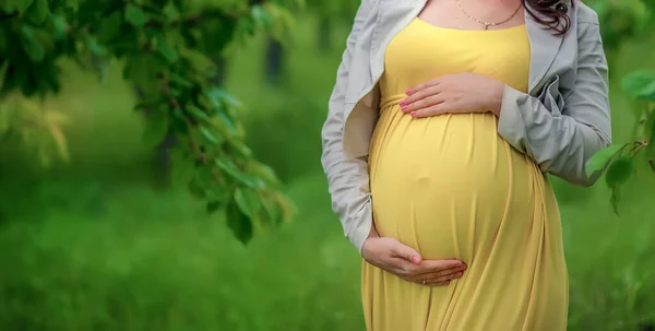 Zwangere Vrouwen Stijlvolle Kleding Verblijven Een Kersentuin Zomer Raakt Haar — Stockfoto