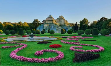 Avusturya, Viyana 'daki ünlü Schonbrunn Parkı. Çiçekli bahçeler, bir park ve bahçe sanatı örneği. Palmenhaus, Viyana 'daki Schoenbrunn saray bahçesinde yer alan büyük bir seradır.. 