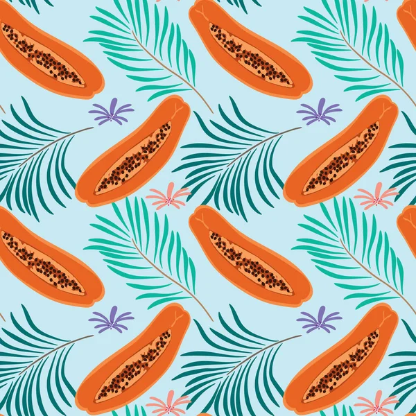 Patrón Repetición Sin Costuras Con Flores Hojas Tropicales Papayas Ilustración — Archivo Imágenes Vectoriales