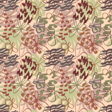 Elle çizilmiş yapraklar, çiçekler ve hayvan izleriyle kusursuz tekrarlanan desen.