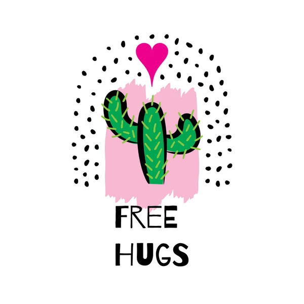 Abrazos Gratis Letras Con Corazón Dibujo Cactus Ilustración Vectorial — Vector de stock