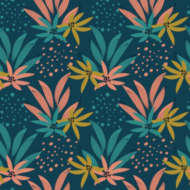 Yapraklar ve çiçeklerle kusursuz tekrarlanan desen. vektör illüstrasyonu