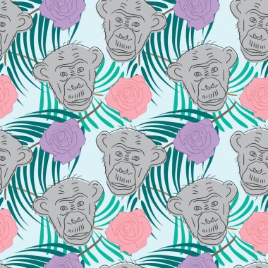 Tropikal yapraklar, güller ve maymunlarla kusursuz tekrarlanan desen