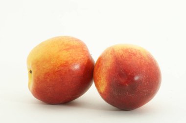 Beyaz arka plana karşı iki taze kırmızı ve sarı nektarin