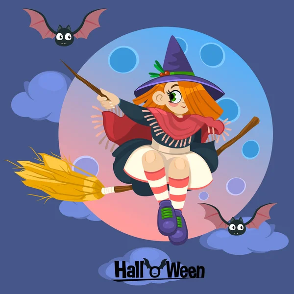 Vector Illustrations Witch Bats Moon — Stock Vector