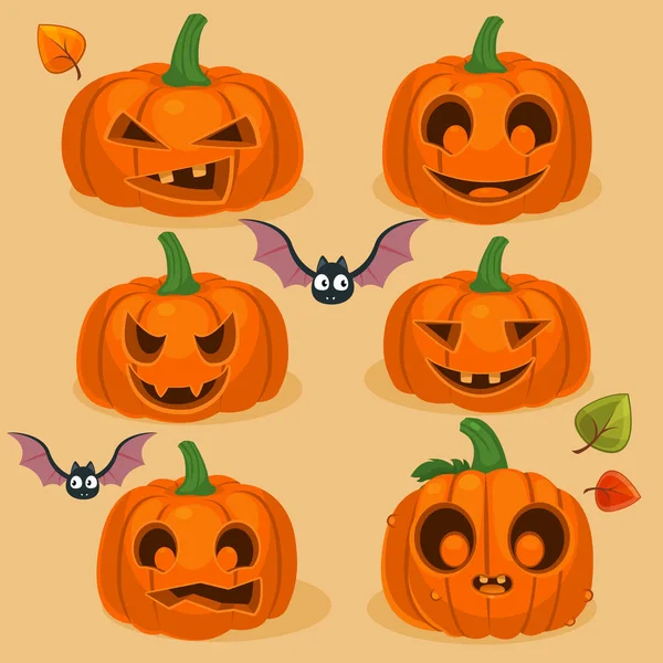 Ensemble Illustration Vectorielle Citrouilles Halloween Avec Chauves Souris Feuilles — Image vectorielle