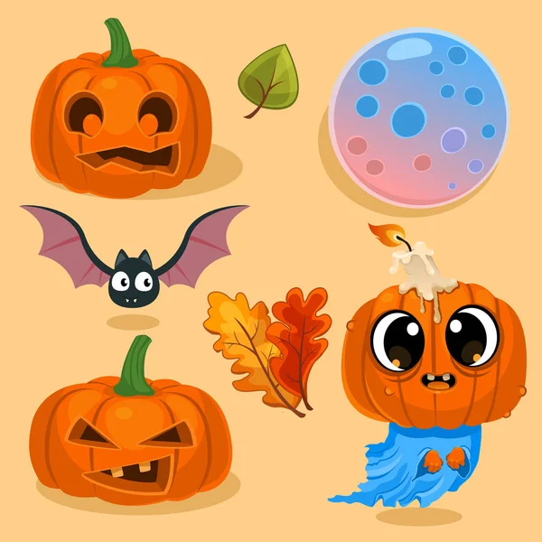 Ensemble Illustration Vectorielle Citrouilles Halloween Avec Chauve Souris Feuilles Lune — Image vectorielle