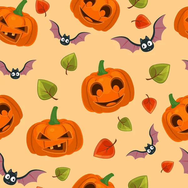 Modèle Vectoriel Citrouilles Halloween Avec Chauves Souris Feuilles — Image vectorielle