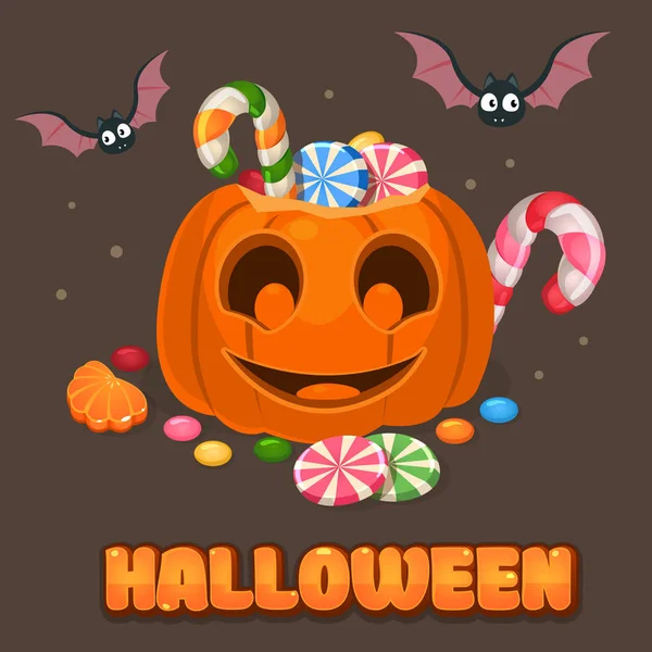Illustration Von Halloween Kürbissen Mit Fledermaus Farbigen Bonbons Und Lutschern — Stockvektor
