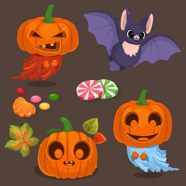 Illustrazione Zucche Halloween Foglie Caramelle Lecca Lecca Pipistrello — Vettoriale Stock