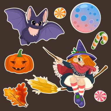 Cadılar Bayramı balkabaklarının, yaprakların, yarasaların, şekerlerin ve lolipopların koyu arkaplandaki vektör çizimleri