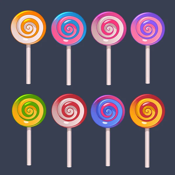 Illustration Colored Set Lollipops Stick Dark Background — Stock Vector