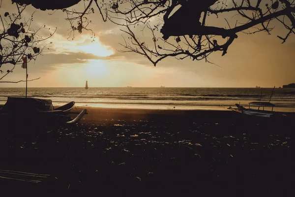 Gün batımında siluet tekne ve ağaç, Cilacap, Endonezya