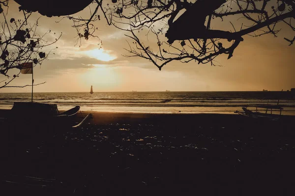 Gün batımında siluet tekne ve ağaç, Cilacap, Endonezya