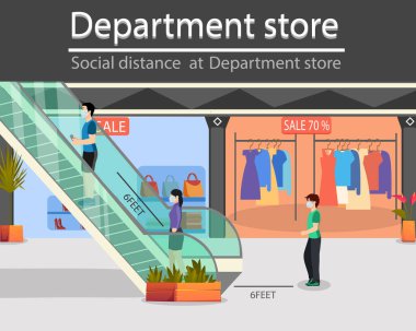 Social distance in New normal Concept, People men and women wearing medical face mask liveat at Department store. prevent pandemic of corona virus or COVID-19. Flat Vector illustration. clipart