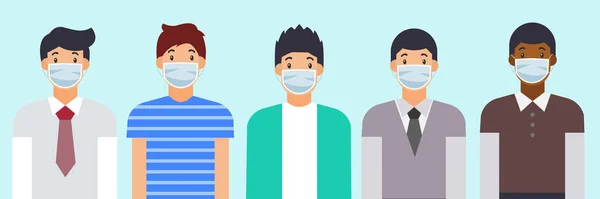 Grupp Män Bär Medicinsk Ansiktsmask New Normal Koncept Förebygga Pandemi — Stock vektor