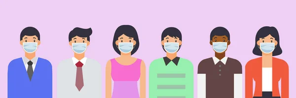 グループの人々新しい通常の概念で医療面マスクを身に着けている男性と女性 コロナウイルスやCovid 19のパンデミックを防ぐ フラットベクトルイラスト — ストックベクタ