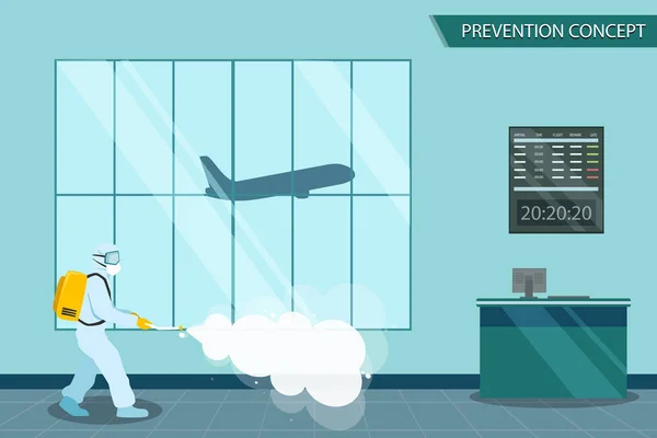 Concetto Prevenzione Aeroporto Persone Tuta Protettiva Ppe Che Indossano Una — Vettoriale Stock