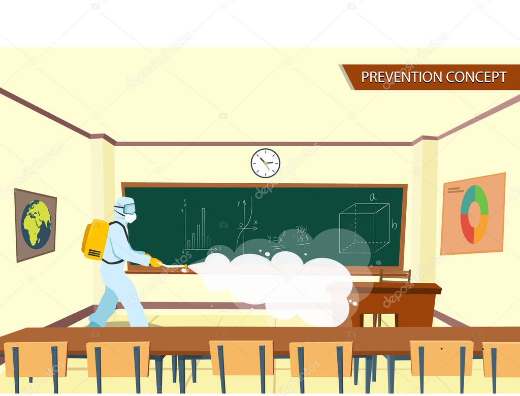Prevention concept at Classroom. People in Protective suit (PPE) wearing medical face mask. Disinfecting spray for covid-19 or coronavirus. Disease prevention. Vector illustration flat design.