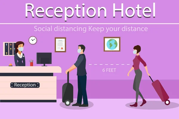 Distanciamiento Social Hotel Reception Personas Hombre Mujeres Que Usan Mascarilla — Vector de stock