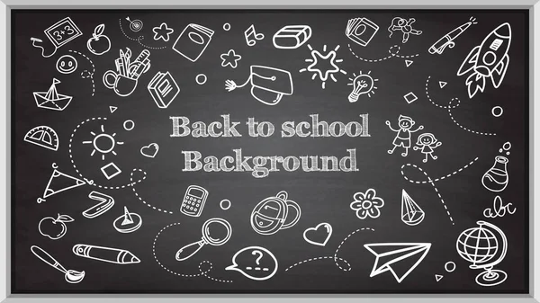 Zurück Zur Schule Background Drawing Reihe Von Schulmaterialien Auf Schwarzer — Stockvektor