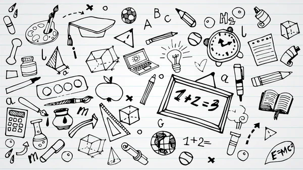 Volver Escuela Background Drawing Doodle Conjunto Útiles Escolares Papel Blanco — Vector de stock