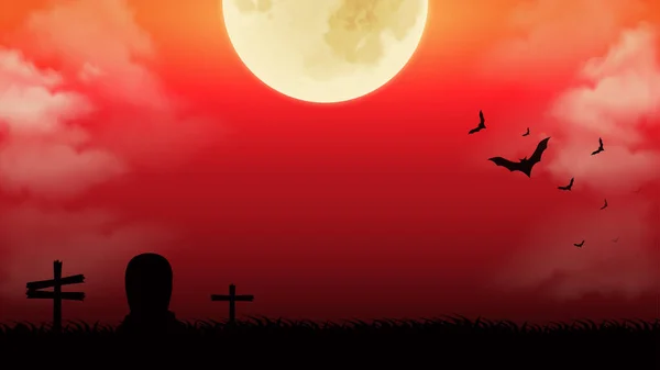 Fundal Halloween Fericit Cimitir Noaptea Luna Groaznică Morminte Lilieci Ilustrație — Vector de stoc
