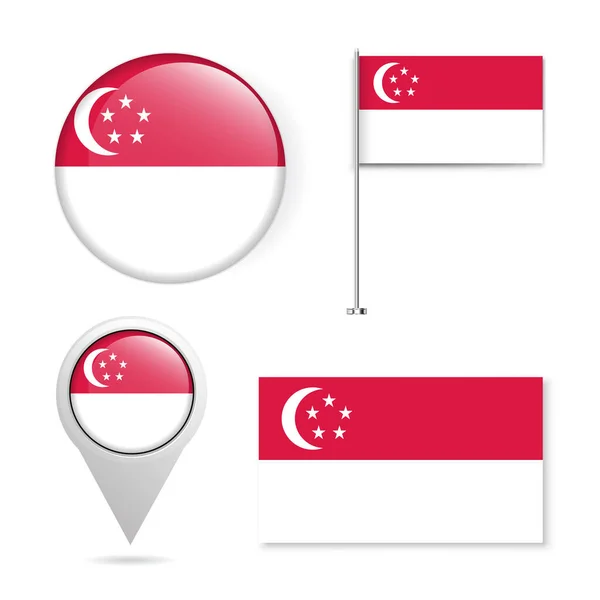 Официальные Национальные Флаги Страны Сингапур Circle Знак Флагшток Булавка Флаги — стоковый вектор