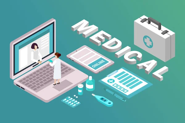 Förebyggande Koncept Online Läkare Och Medicinska Element Bärbar Dator Och — Stock vektor