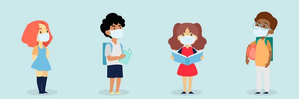 儿童组学生男孩和女孩戴着医疗面罩 预防日冕病毒或Covid 19的流行 — 图库矢量图片
