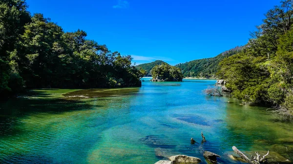 Renkli Bark Körfezi, yüksek gelgit geçidi, Abel Tasman Sahili Pisti, Abel Tasman N.P, Tasman, Güney Adası, Yeni Zelanda