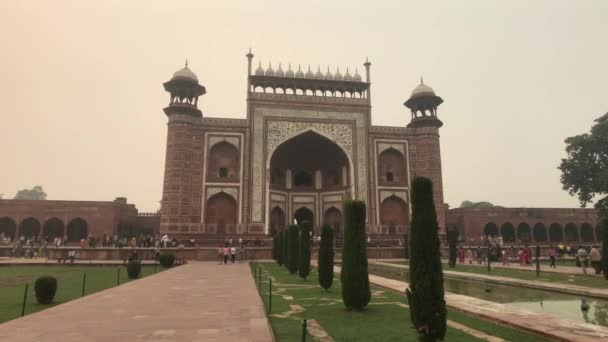 Agra, Índia, 10 de novembro de 2019, Taj Mahal, os turistas se movem ao longo do mato — Vídeo de Stock