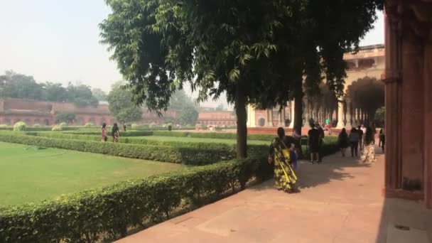 Agra, Indien, 10. November 2019, agra fort, Touristen stehen im Schatten der Bäume — Stockvideo