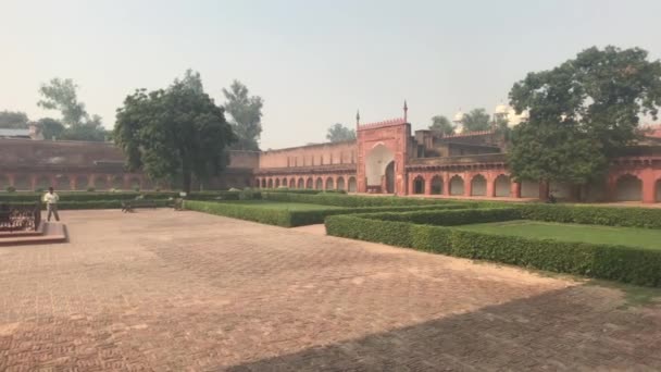 Agra, India, 2019. november 10., Agra Fort, turisták sétálnak a nyírt bokrok mentén — Stock videók